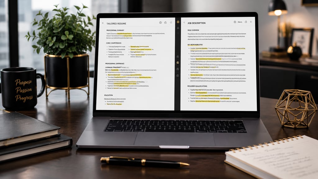 A laptop on a desk showing a split-screen resume and job description for keyword optimization.