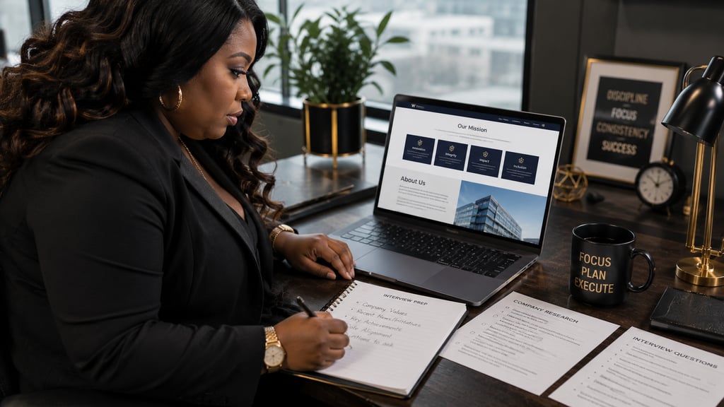 Professional Black woman taking notes for interview prep while researching a company website on a laptop.