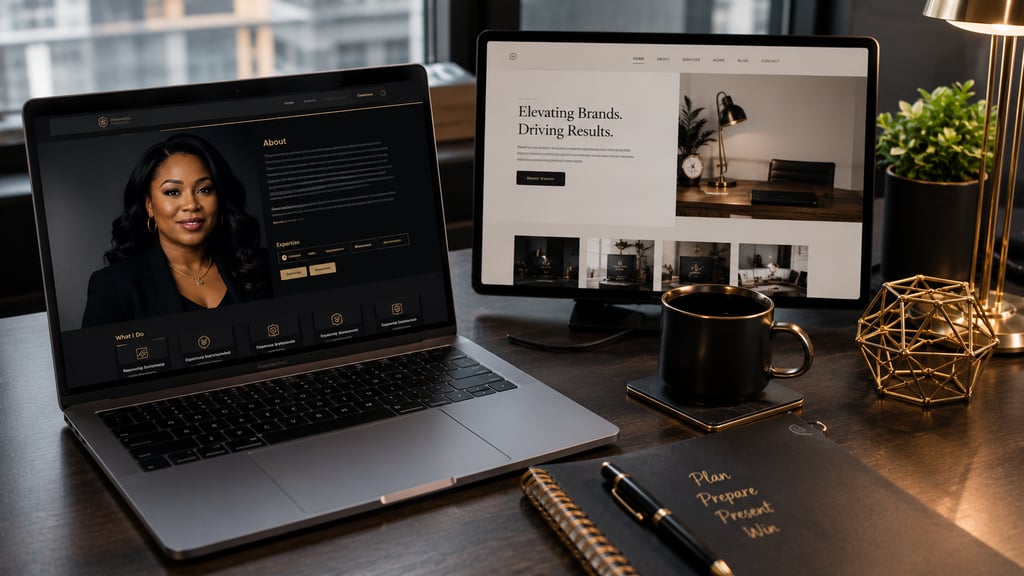 Professional web design portfolio displayed on a laptop and tablet on a modern office desk.