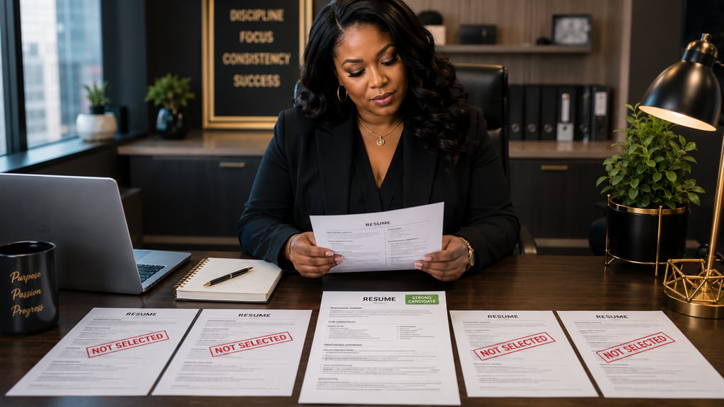A female HR manager reviewing resumes at a modern desk with selected and rejected job applications.