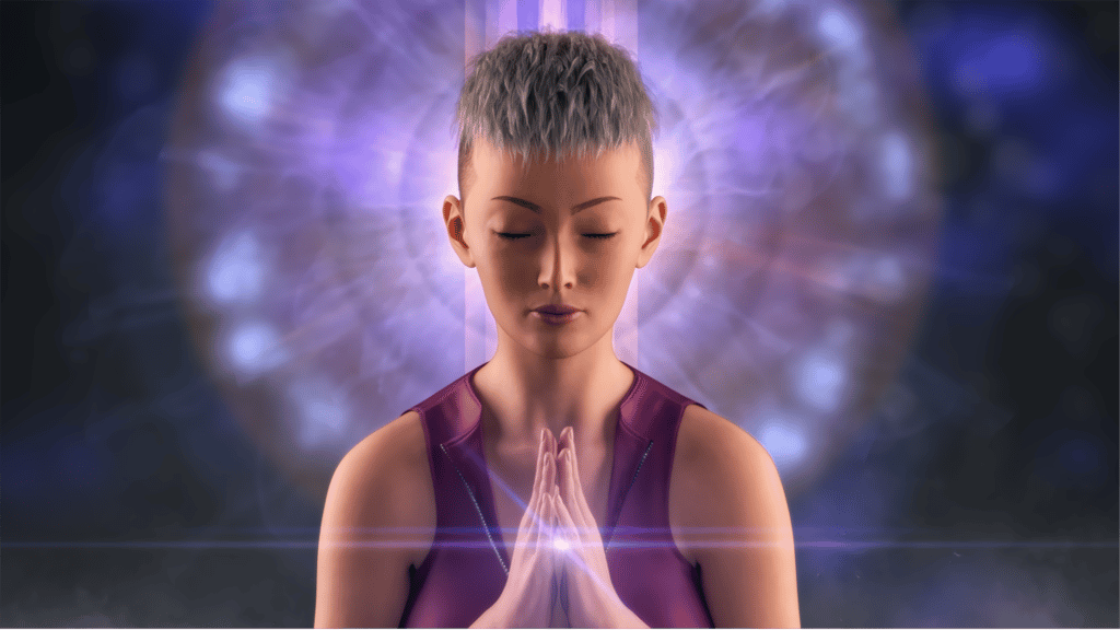 A digital artwork by Philip Preston of a meditating young woman.