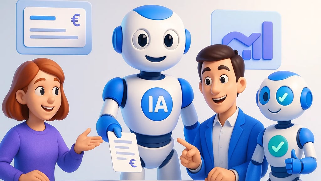 bright clean background, friendly futuristic office. Two stylized 3D human characters collaborating with one smiling humanoid