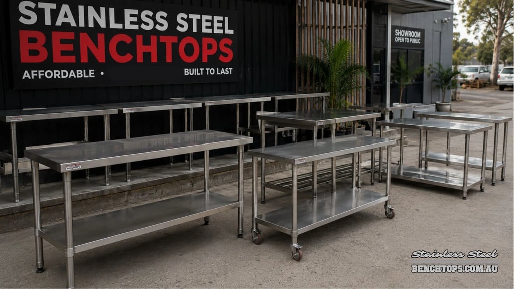 Affordable work tables showing the standard stainless steel benchtop cost australia.