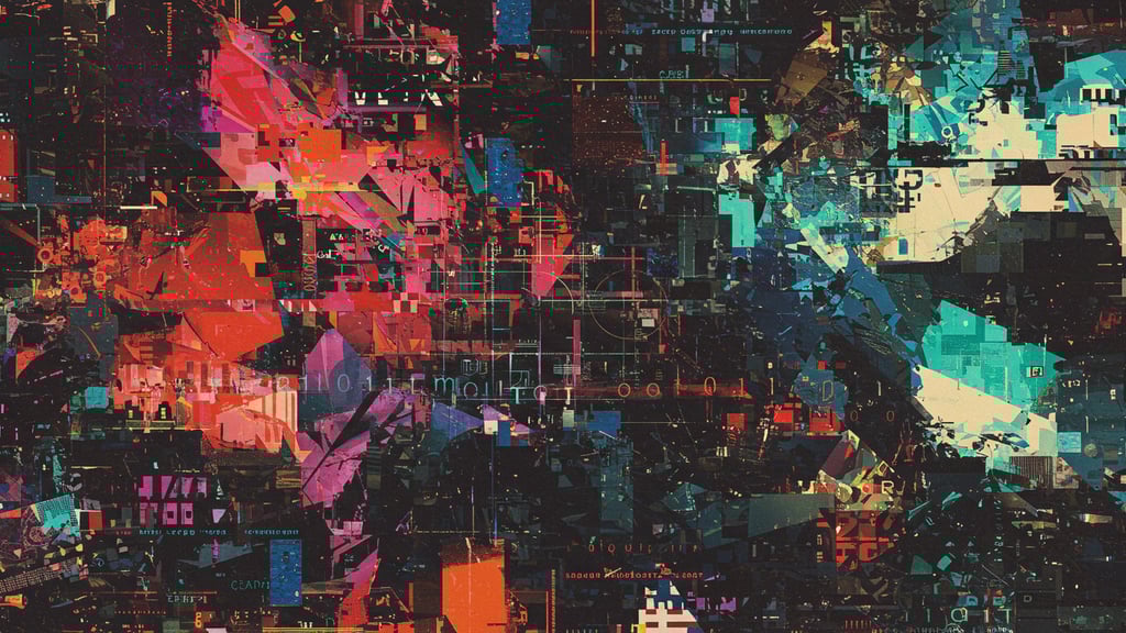 a colorful abstract painting of a cityscapeople