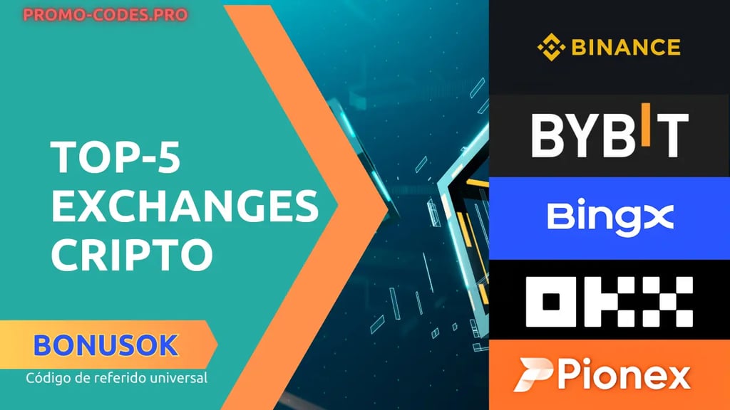 Imagen con el título «Top-5 exchanges cripto» y el código BONUSOK, con logotipos de Binance, Bybit, BingX, OKX y Pionex.