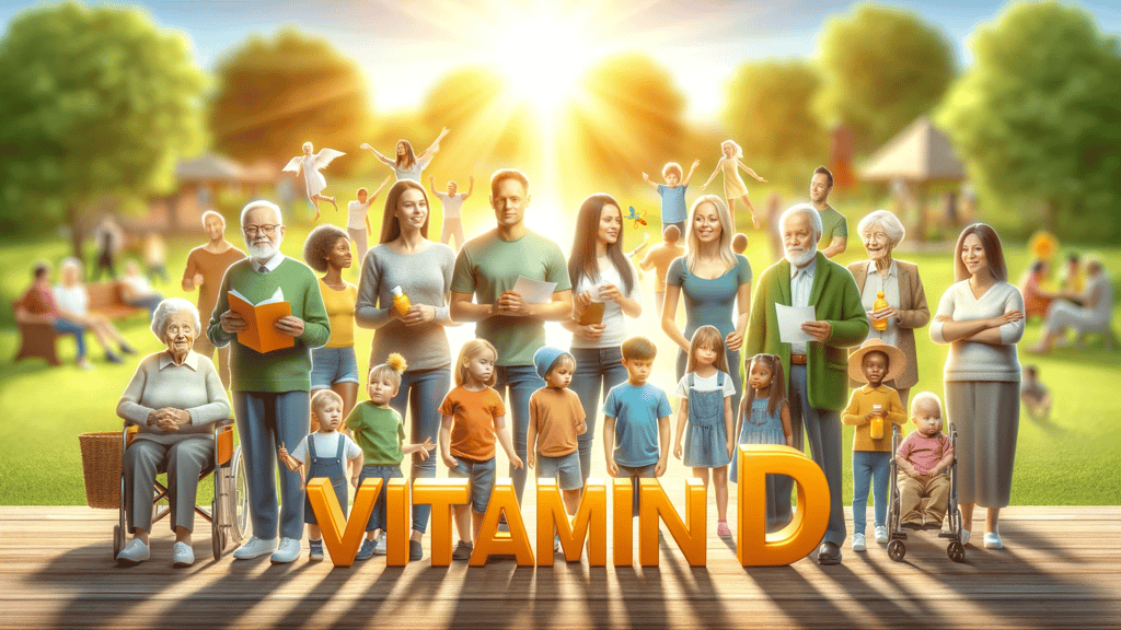a group of people standing in front of a sign that says vitamin