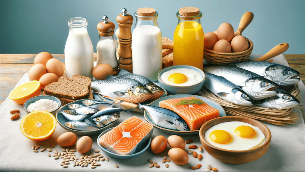 a table with eggs, milk, milk, milk, eggs, milk, milk