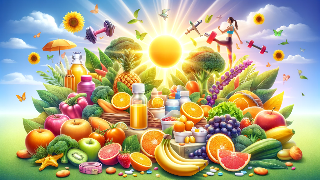a variety of fruits and vegetables in a sunny day