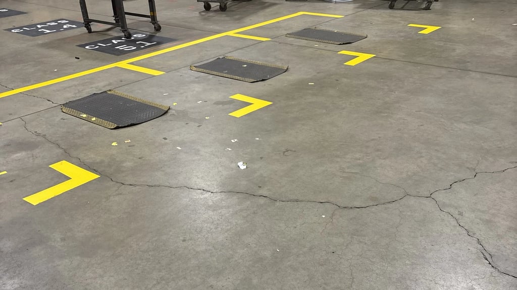Precision yellow safety striping and directional chevrons painted on a warehouse concrete floor