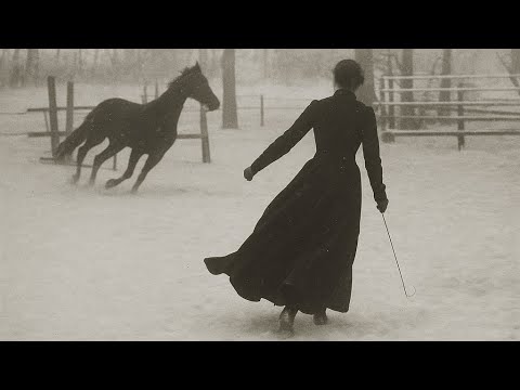 a woman and her horse running in the snow