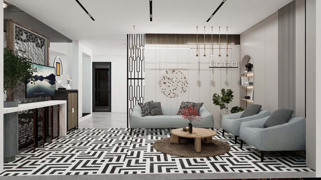 a living room with a couch and a table designed by our team