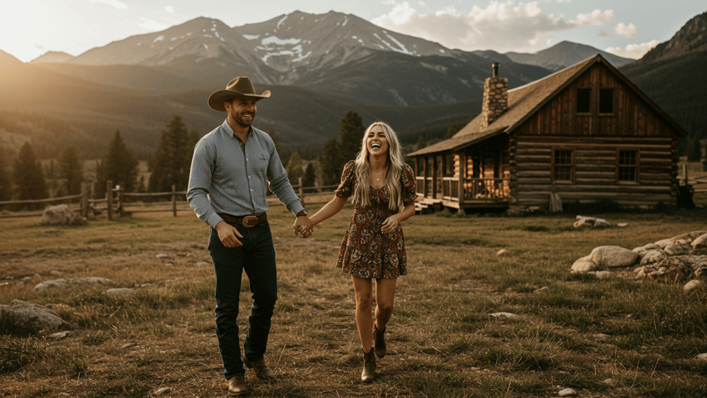 Couple bonding during a Colorado Dude Ranch Vacation with a Mountain scenic view