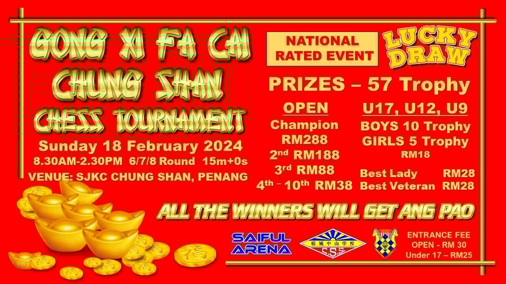 Malaysia Chess. Catur Malaysia. Gong Xi Fa Cai Chung Shan Chess Tournament