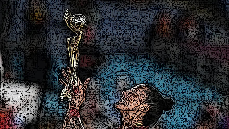 a woman holding a trophy in front of a wall