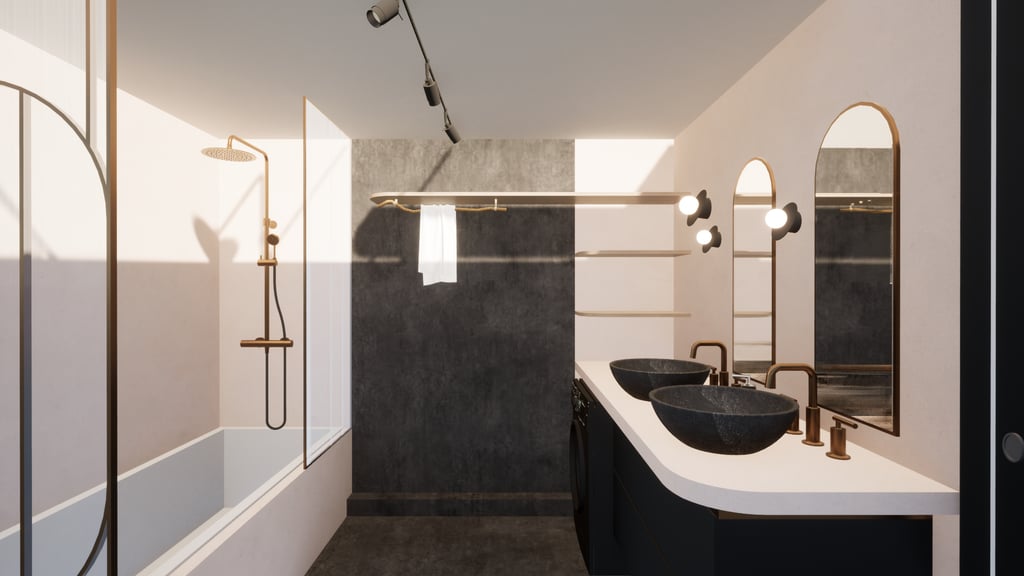 Salle de bain complète composée d'un meuble évier, une douche et un wc dans les tons gris et beige
