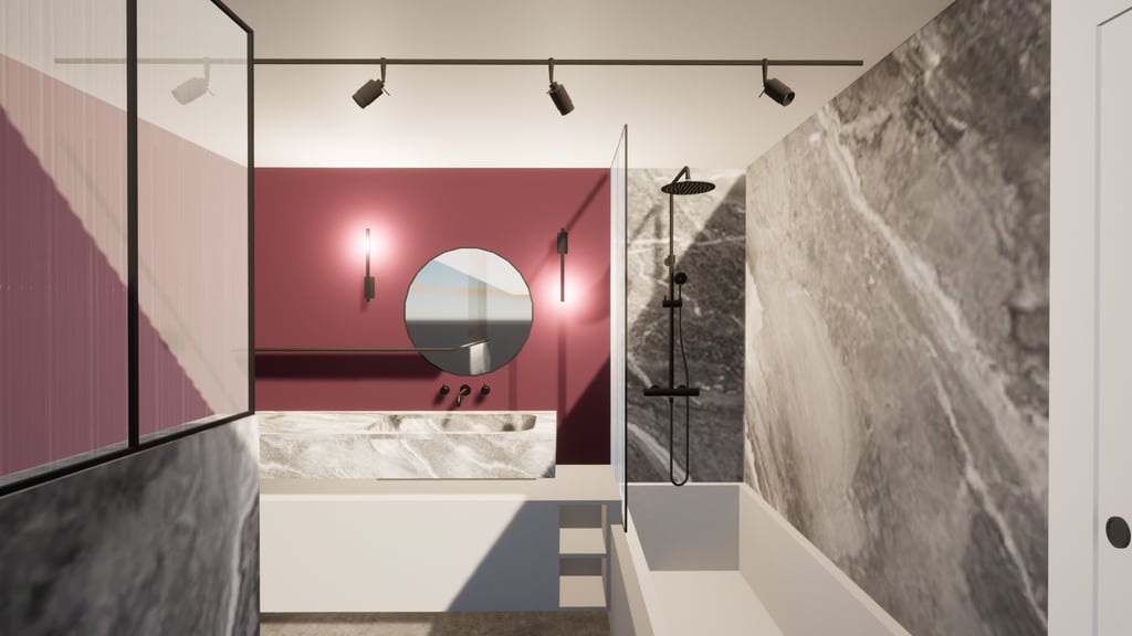 Vue complète d'une salle de bain avec des murs bordeaux,une baignoire et du carrelage marbre gris