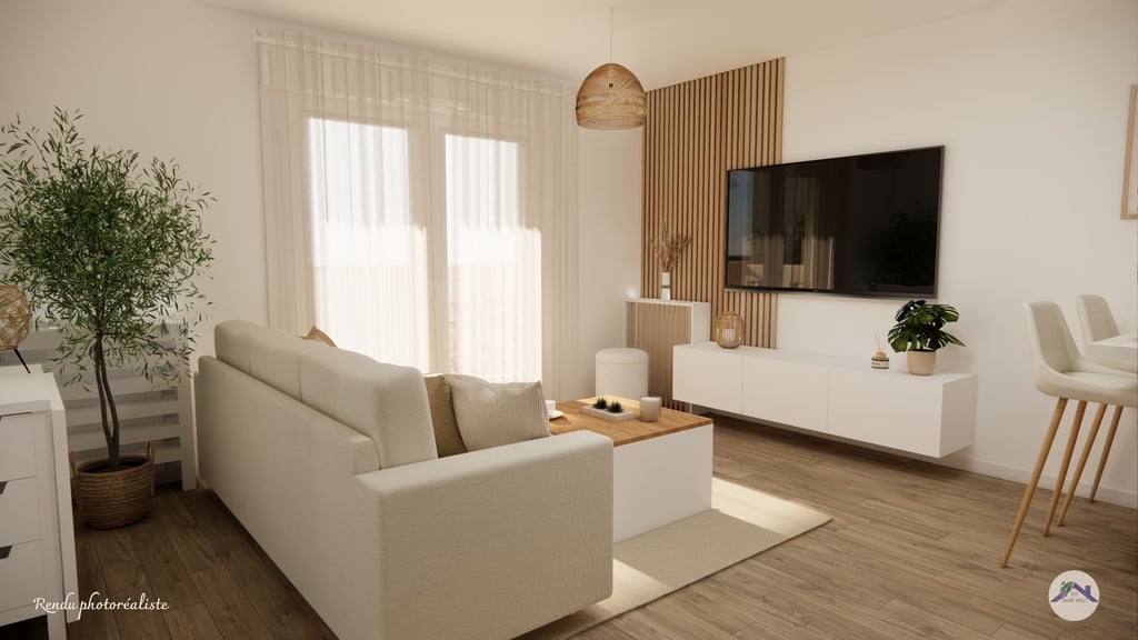 Salon moderne couleur neutres et apaissante espace TV et cache radiateur sur mesure