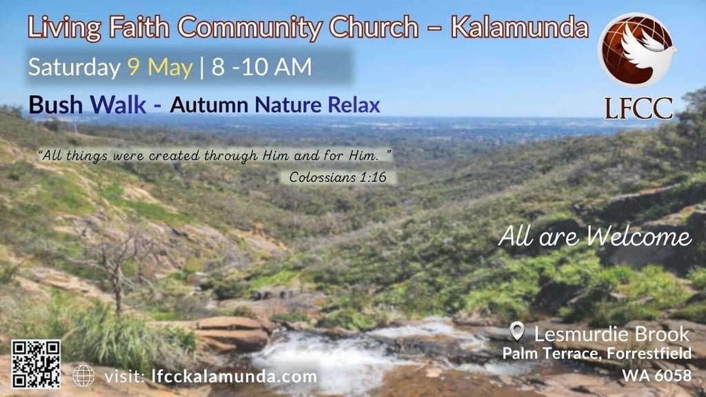 Church bush walk event flyer with a nature landscape and event details.