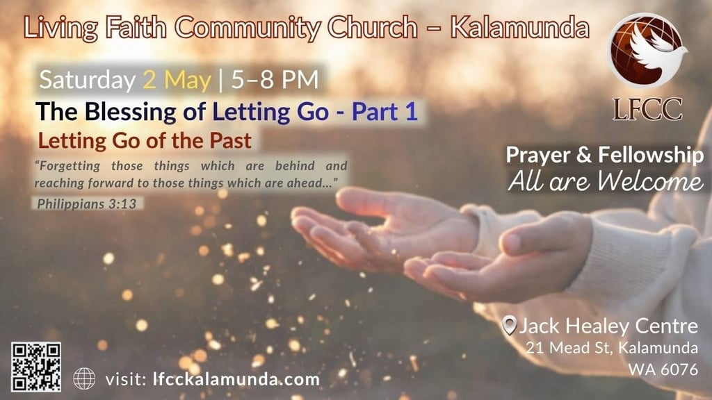 Church event flyer showing open hands with warm light and details about a session on letting go of the past.