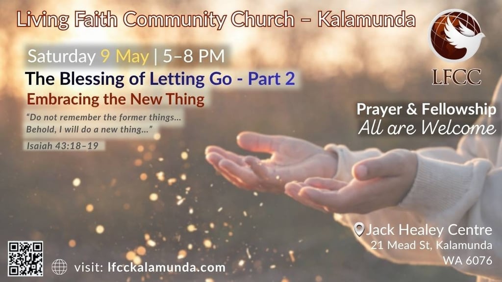 Church event flyer with open hands and light particles promoting a session on embracing new beginnings.