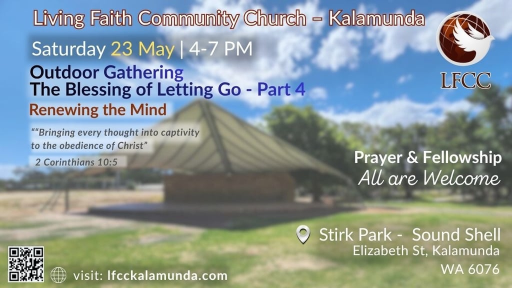 Church outdoor gathering flyer showing a park sound shell and event details about renewing the mind.