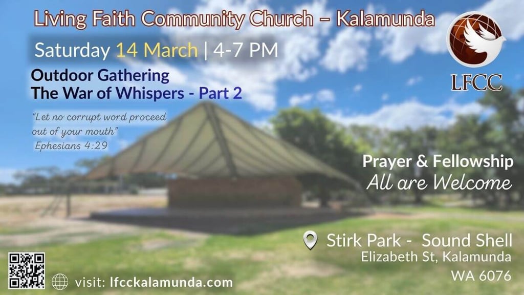 "Flyer: Outdoor Gathering at Stirk Park Sound Shell, Sat 14 March, 4-7 PM. The War of Whispers Part 