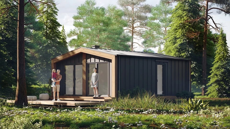 Energooszczędny parterowy dom modułowy o powierzchni do 50 m², wykończony grafitową blachą na rąbek