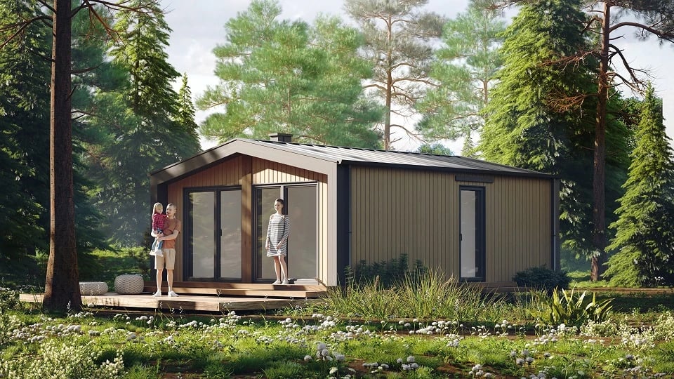 Energooszczędny parterowy dom modułowy o powierzchni do 50 m², wykończony deską elewacyjną