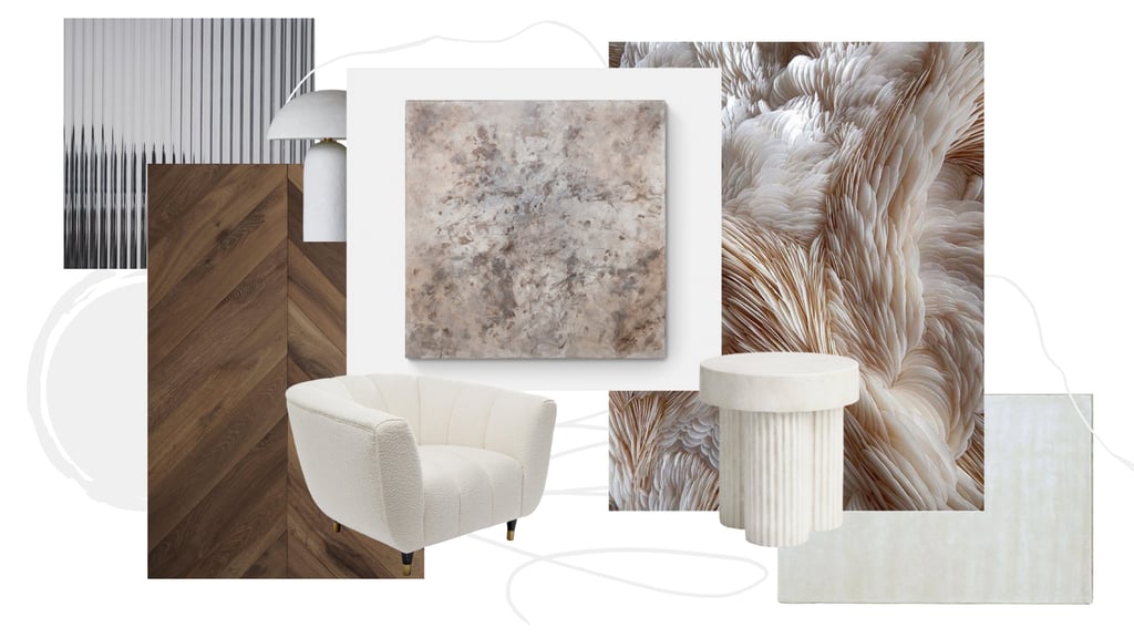 Modern interior design mood board featuring a white boucle chair, abstract art, and fluted marble textures.