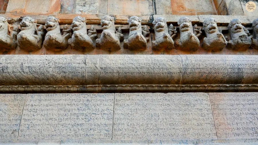 Ancient Tamil inscriptions carved on the stone wall of Brihadeeswara Temple, Thanjavur