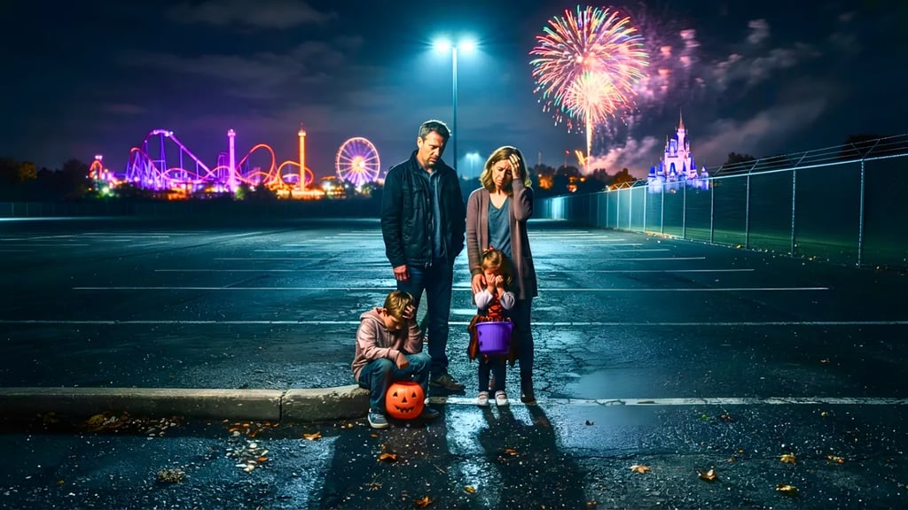 Disappointed family standing in a dark theme park parking lot at night with fireworks exploding in the background.
