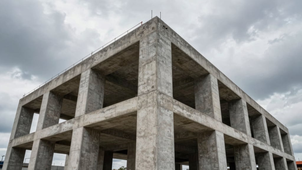 Low-angle heroic shot of massive concrete foundations and structural columns of an active infrastructure terminal under dramatic overcast skies.