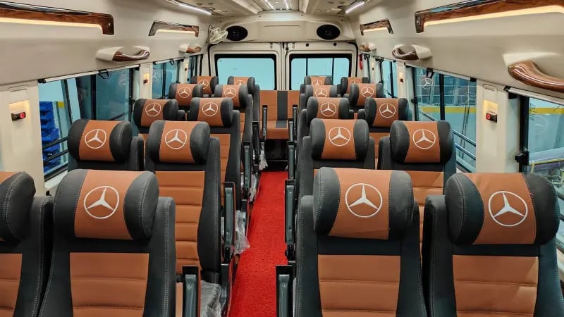 20 seater tempo traveller interior for rent in Delhi suitable for corporate and outstation trips