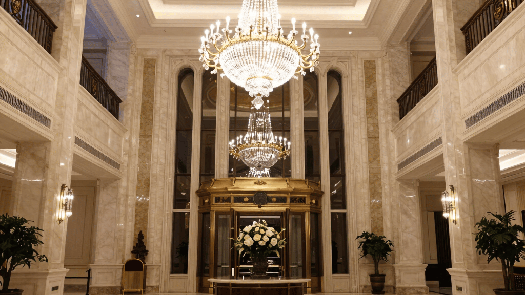 Luxurious hotel lobby with elegant lighting and comfortable seating, capturing a welcoming atmosphere.