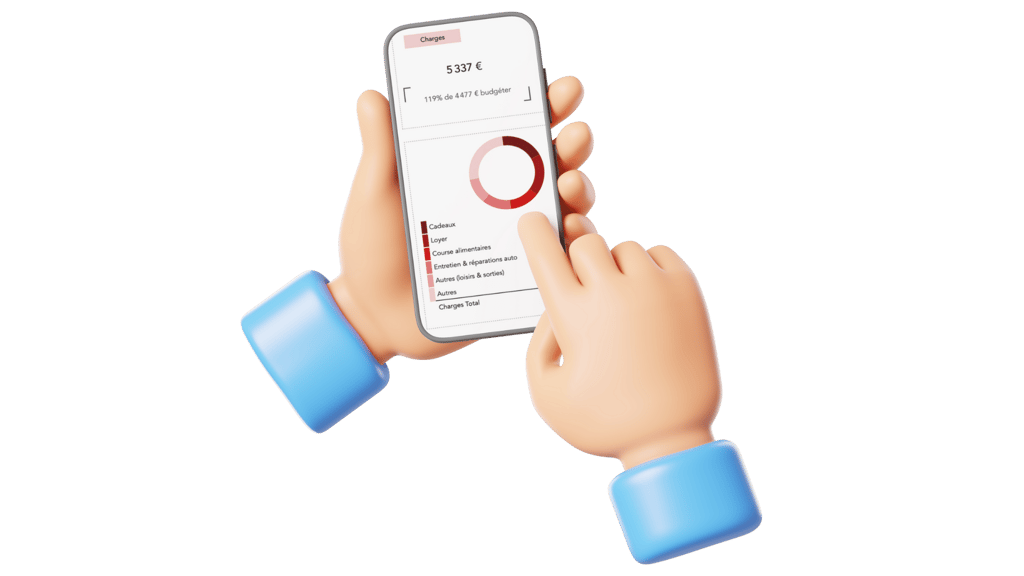 une main 3D tenant un iPhone présentant un outil de gestion des finances personnelles