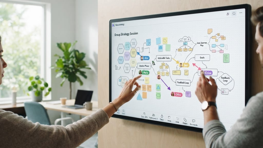 High-fidelity screenshot of the Neurovexy collaborative canvas showing active cursor movements, clean UI elements, a soft grid background, and structured group activity templates in a bright modern workspace.