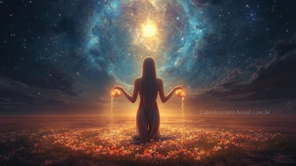 Bela mulher sob um magnífico céu estrelado, derramando água brilhante de dois jarros celestiais