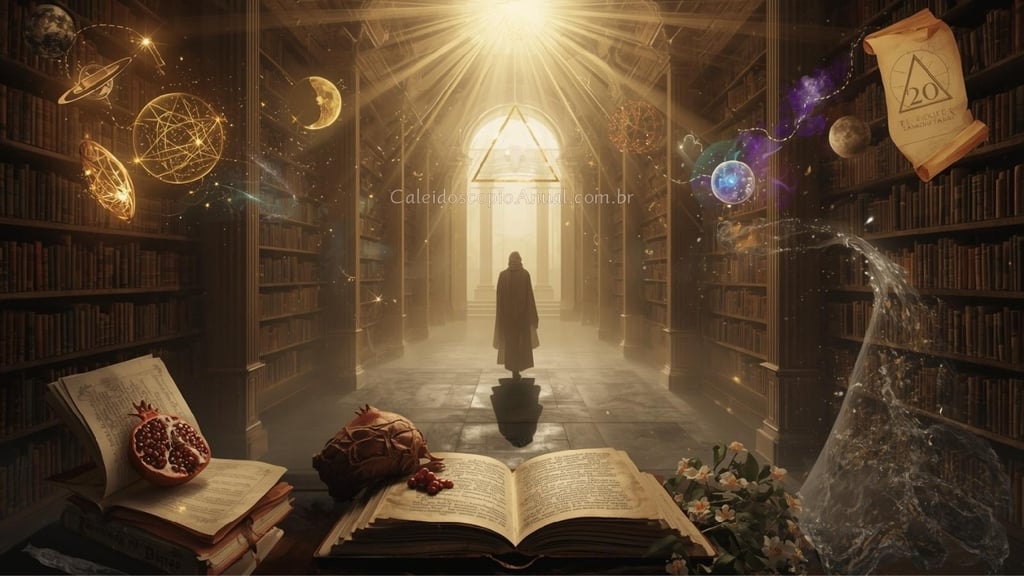 Biblioteca mística com figura em portal luminoso, símbolos astrológicos e romã - 18 de janeiro