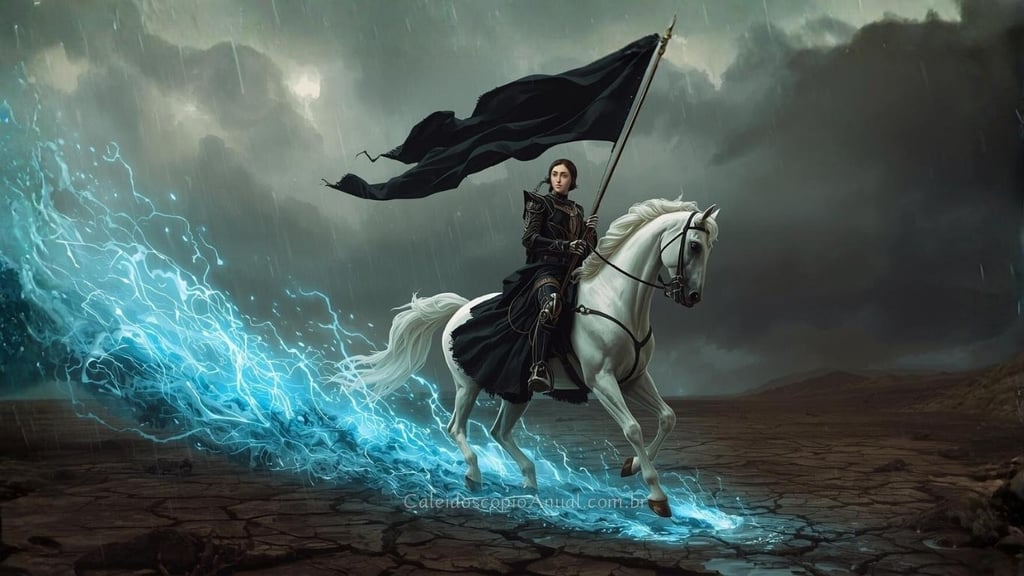 Arcano A Morte em cavalo branco: transformação aquariana com energia azul regenerando terra árida.