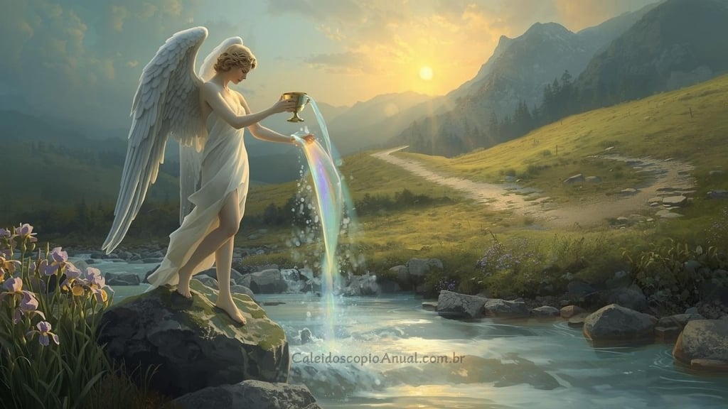 Temperança tarot: anjo alquímico vertendo líquido arco-íris entre cálices dourado e prateado.