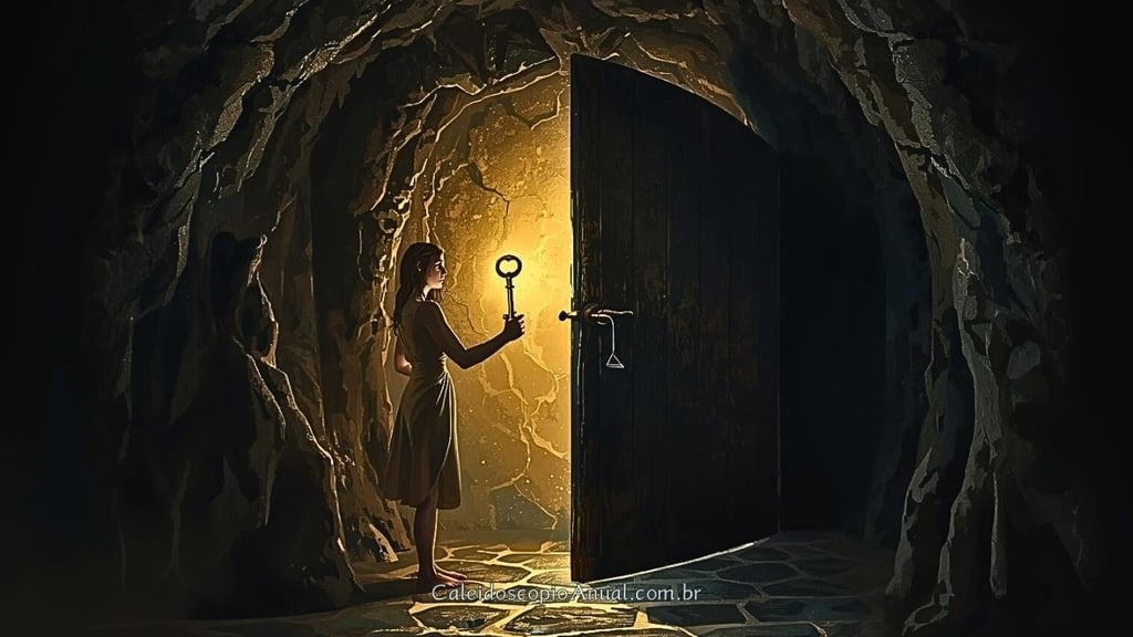 Pessoa em uma caverna percebendo que a chave que segura revela que as paredes são falsas.