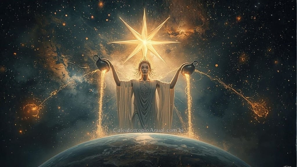 Figura divina no cosmos derramando luz de dois jarros, criando estrelas e vida.