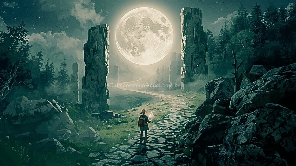 Viajante solitário em uma trilha sinuosa e iluminada por uma grande Lua Cheia