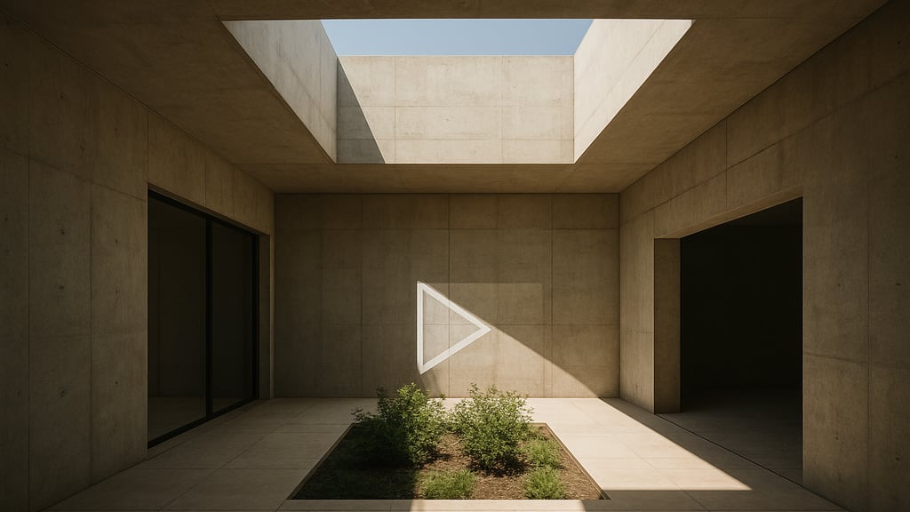 Captura de pantalla de video de recorrido arquitectónico de Casa Origen, mostrando el patio central con luz cenital y un icono minimalista de reproducción superpuesto.