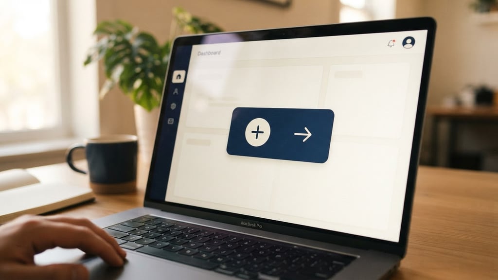 Close-up of a clean, minimalist client dashboard interface on a laptop screen, warm daylight casting soft shadows, showing a simple 'Submit a Request' button, high trust.