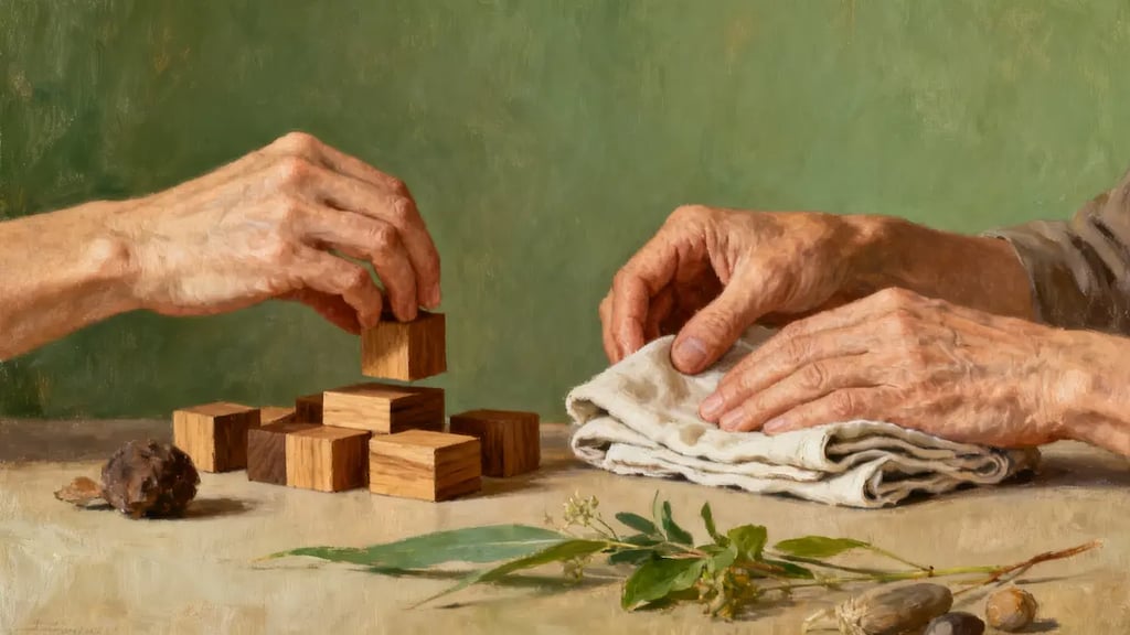 Hände beim Falten von Stoff und Sortieren von Holzbausteinen, als Ausdruck von Ruhe und gezielter Aktivität