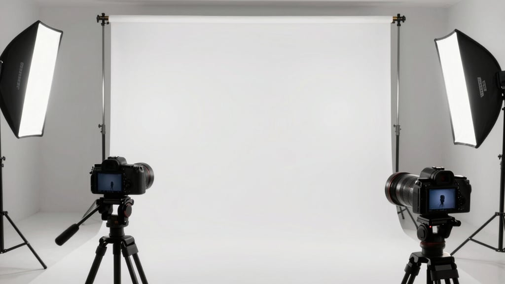 Panoramic wide shot of a professional brand photography shoot setup — a styled product flatlay on a white seamless backdrop, studio strobes visible at frame edges, a camera on a tripod aimed down, finished product images displayed on a nearby monitor, bright even lighting throughout, no people in frame