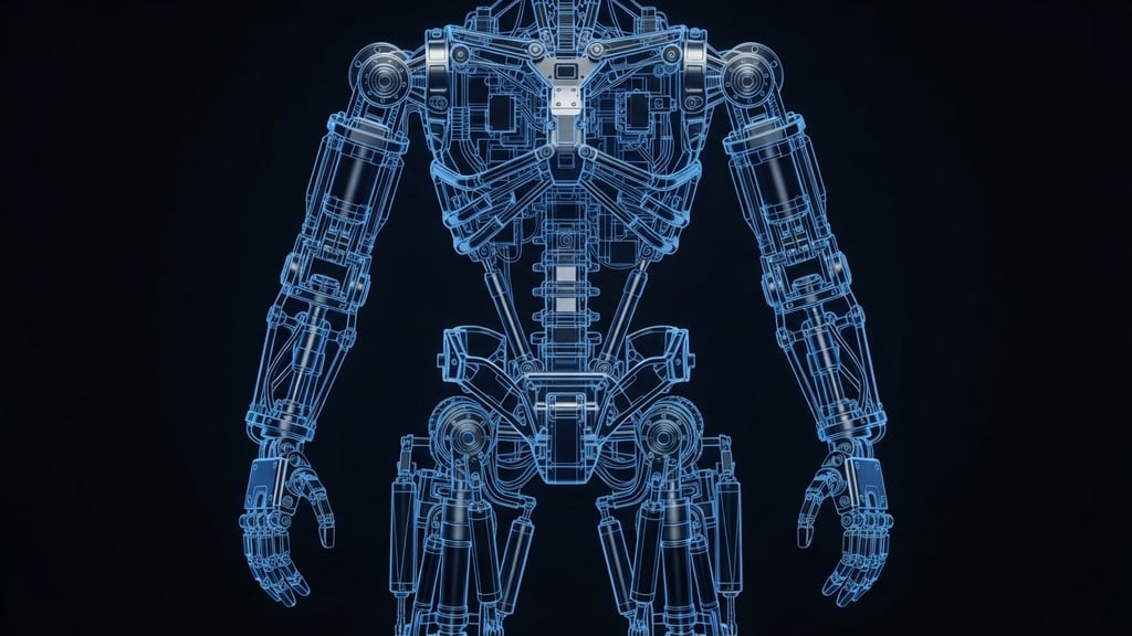Technical blueprint schematic of a humanoid robot chassis, electric cobalt blue vector lines on a deep obsidian background, clean clinical tech aesthetic.
