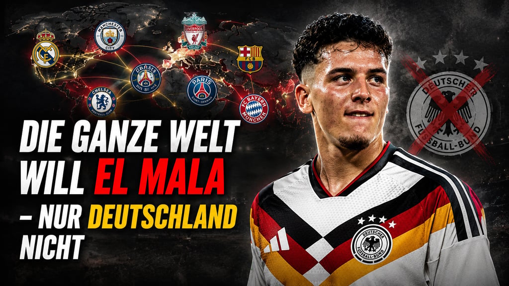 Young football talent El Mala in a Germany jersey surrounded by top European club logos and a world map.