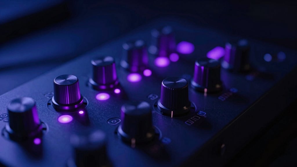 Macro shot of a high-end audio interface in a dimly lit studio, glowing purple LED indicators reflecting off metal dials, moody atmosphere, 35mm